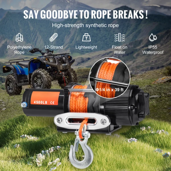 SucceBuy 4500lbs ATV/UTV Electric Winch 12V DC with 39 ft Synthetic Rope Wireless & Wired RemoteControl IP55 Waterproof for Jeep