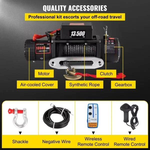 VEVOR 12V Electric Winch 13500LBS, Truck/ATV Winch with Synthetic Rope & Wireless Remote, for 4X4 Off-Road Trailer Jeep Recovery