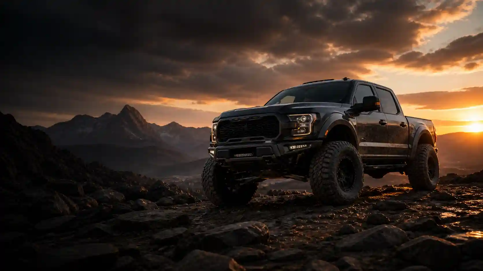 Lifted off-road truck on rocky trail for suspension guide