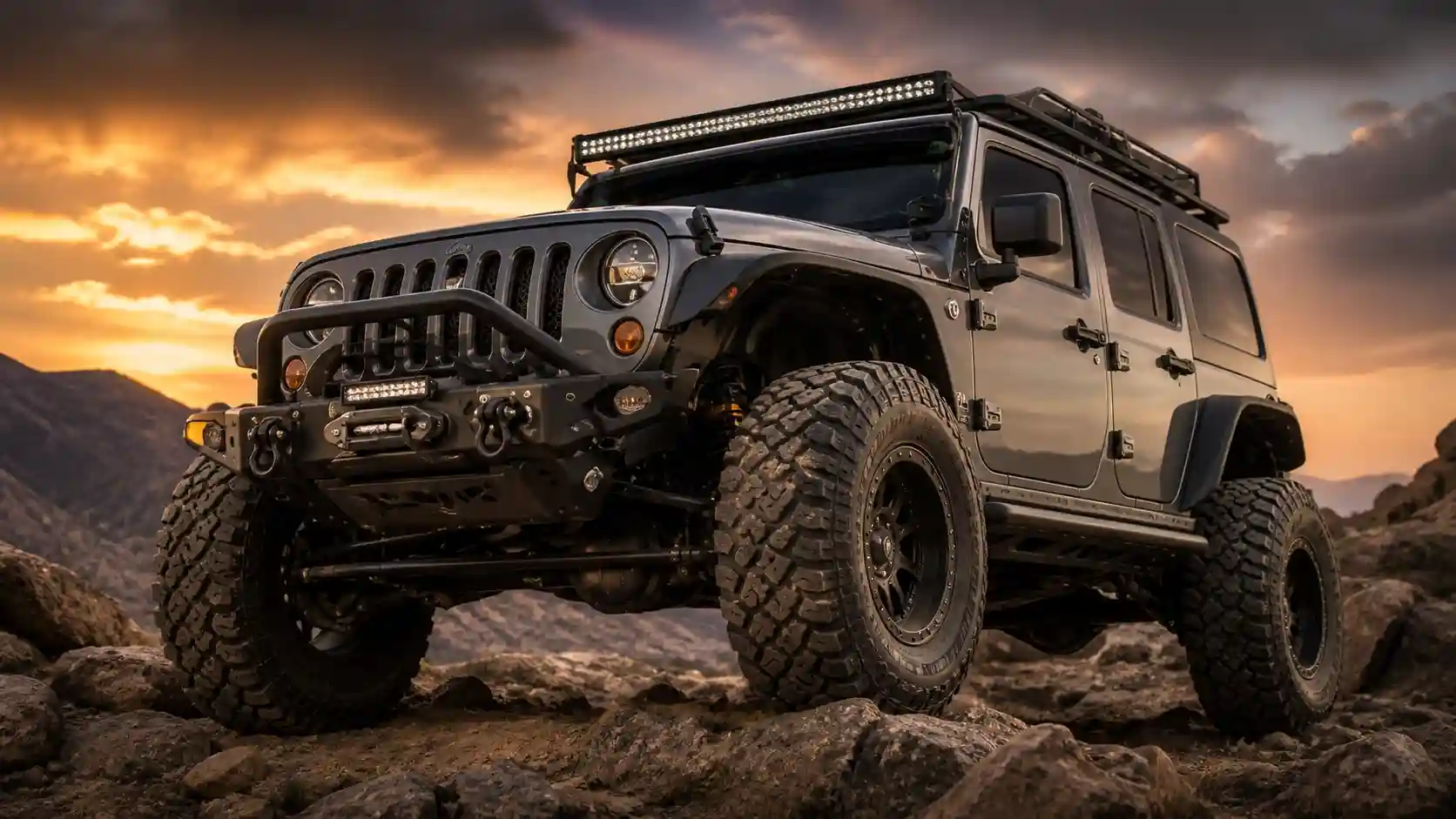Armored Jeep Wrangler with off-road bumper and rock sliders on rocky trail