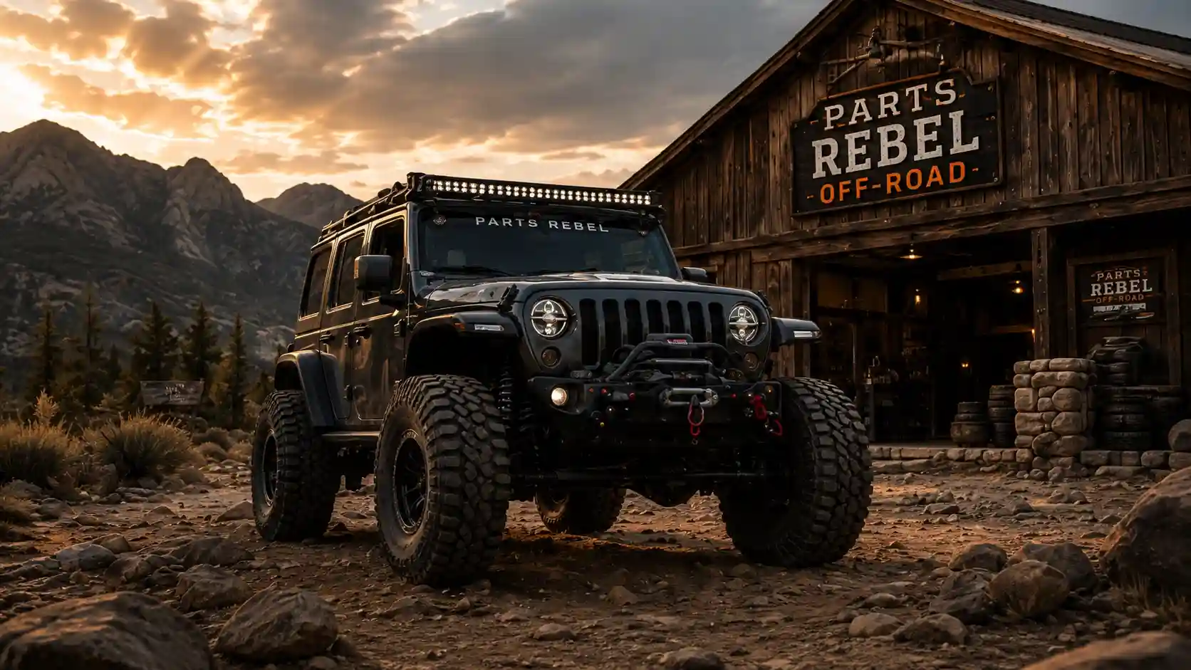 Black off-road Jeep parked outside the Parts Rebel Off-Road shop with mountains at sunset