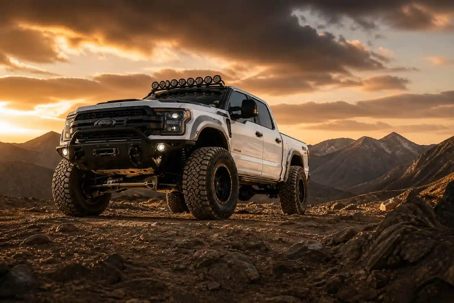Lifted off-road truck with rugged tires on rocky mountain trail at sunset