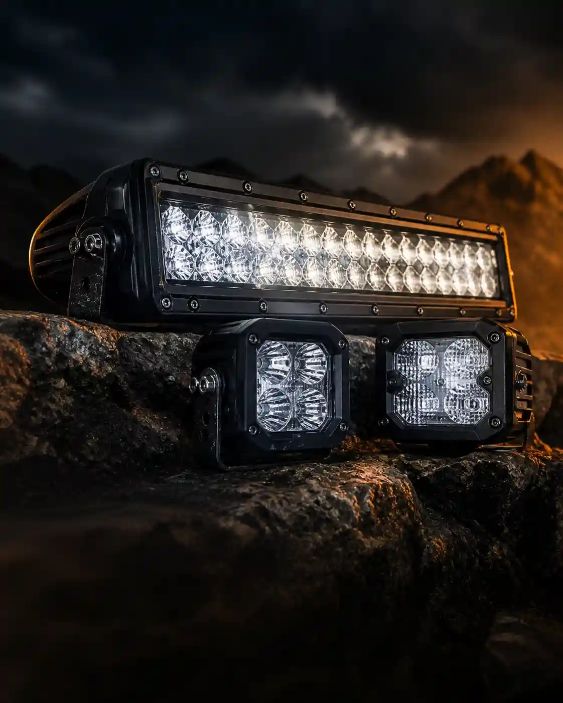 Off-road LED light bar and auxiliary lights for trail visibility