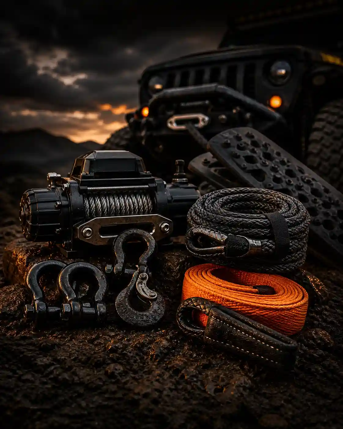 Off-road recovery gear with winch shackles and tow strap