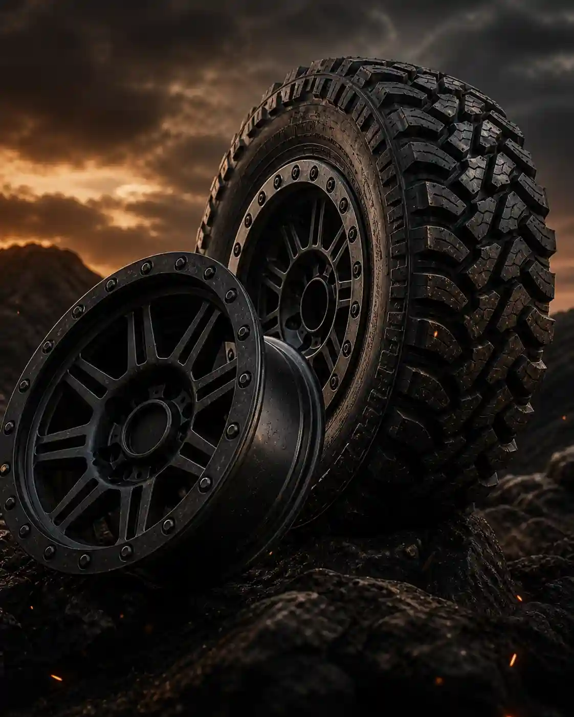 Aggressive off-road wheel and mud terrain tire for 4x4 trucks