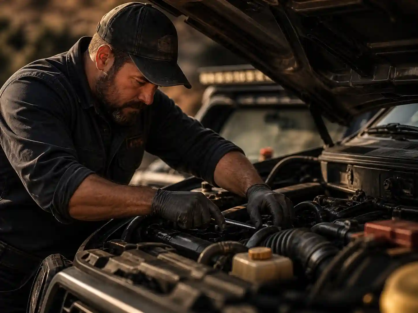 Mechanic inspecting 4x4 engine before an off-road trip