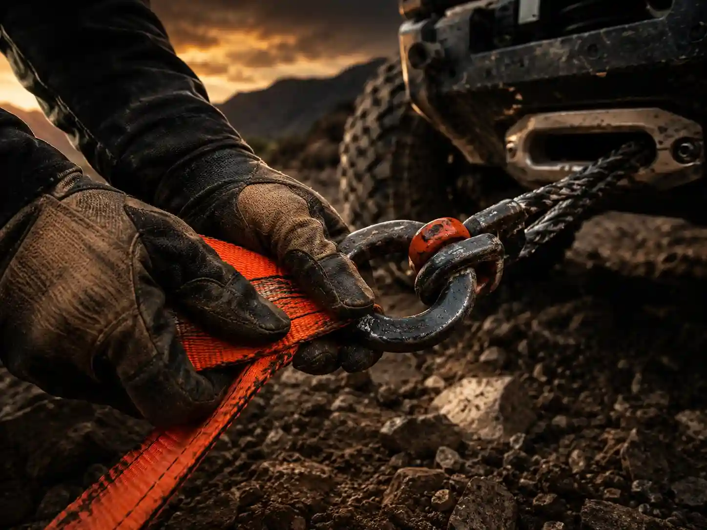 Gloved hands connecting off-road recovery strap and shackle