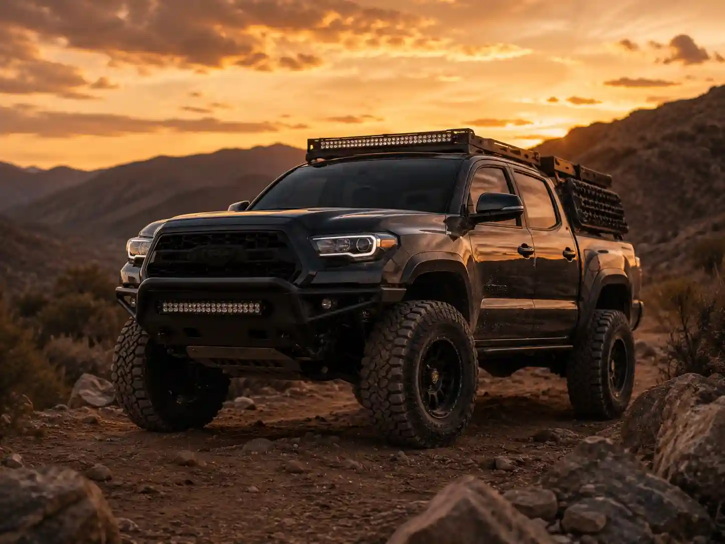 Modified Toyota Tacoma on rocky off-road trail at sunset