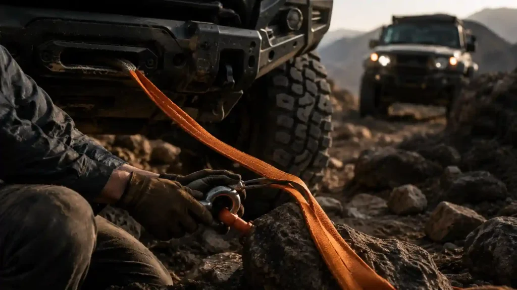 How to recover a vehicle safely with off-road recovery gear on a rocky trail